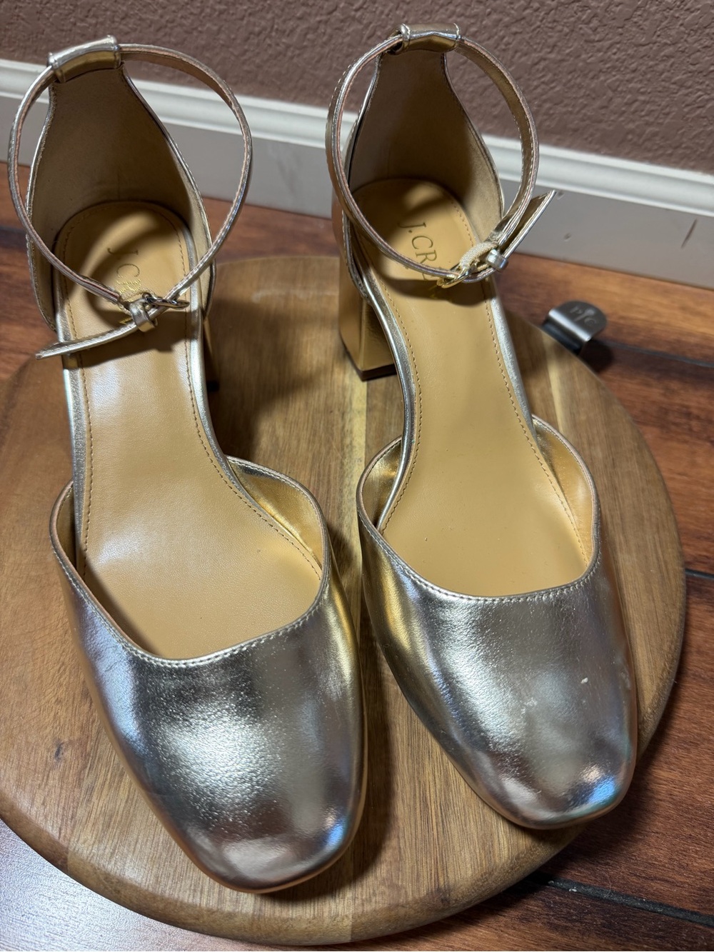 J. Crew Factory Metallic Gold Block Heel Ankle-Strap Pumps Size 7.5